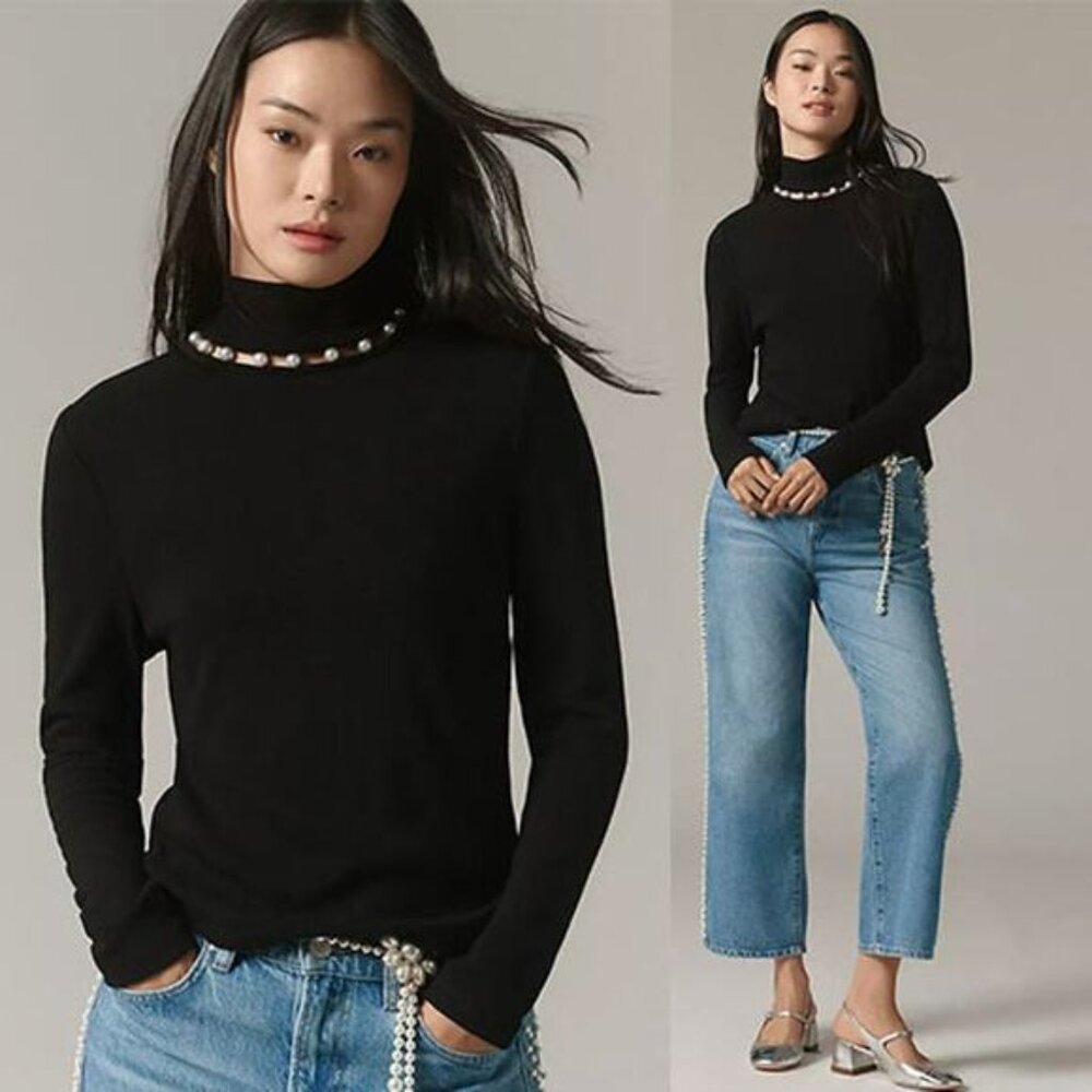 NWT Design History Pearl-Neck Pullover Long Sleeve High Neckline Top Black
